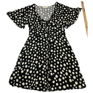 REWIND Daisy Floral Button Front Mini Dress Womens L Black Rayon Babydoll Y2K